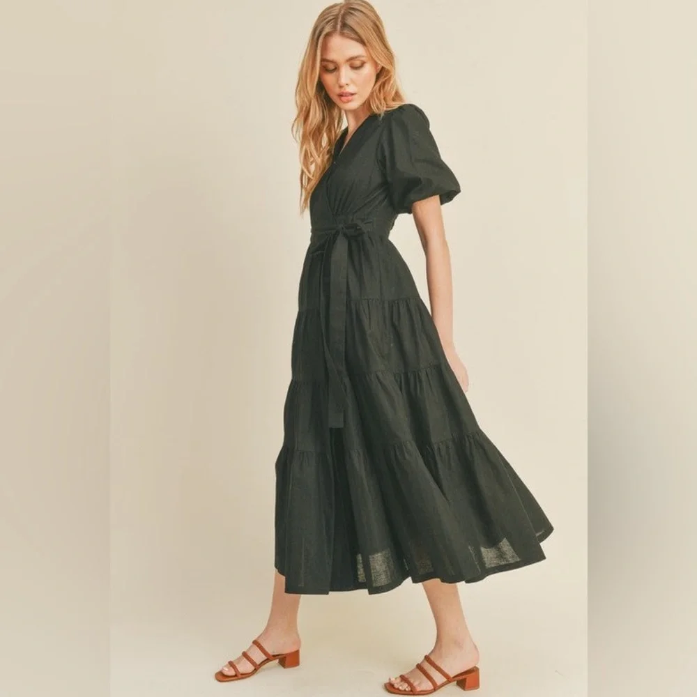 Puff sleeve wrap dress linen cotton midi nwot_2